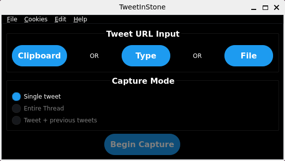 Screenshot of the TweetInStone GUI